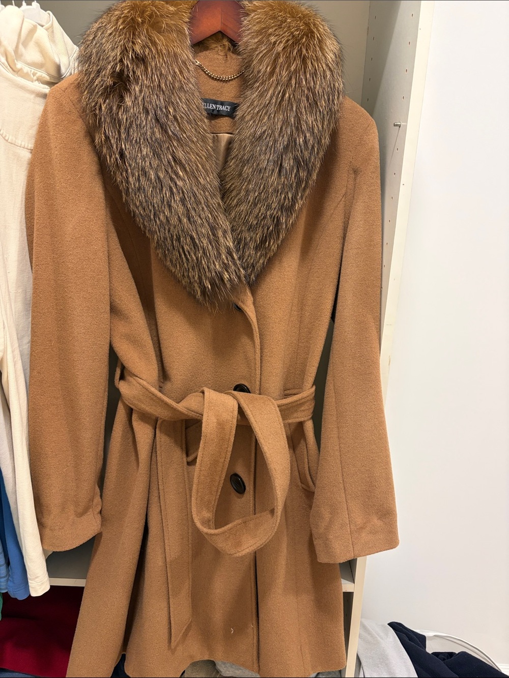 Ellen Tracy Camel Wool-Blend Belted Coat with Genuine Fox Fur Collar